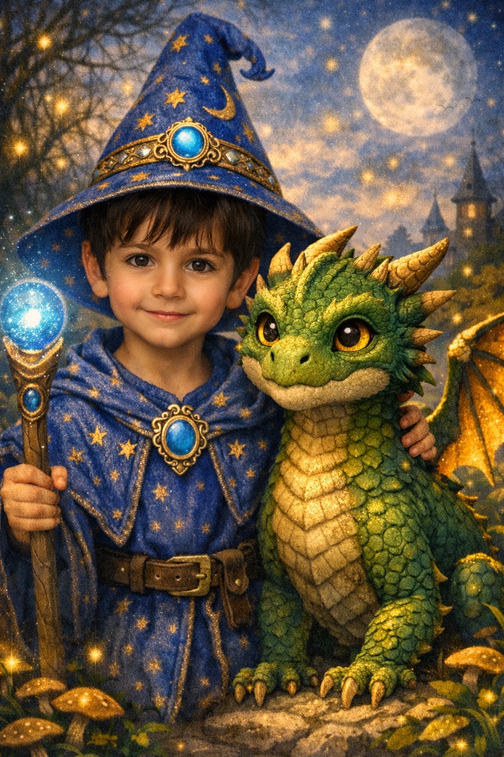 Young wizard Damian with a friendly green dragon